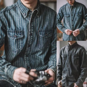 Men's Retro Washed Striped Denim Shirt Loose Casual Work Jacket Coat M-3XL - Picture 1 of 26