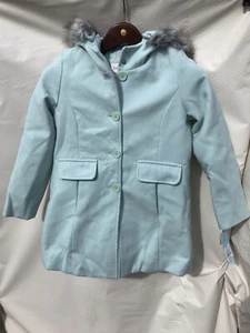 NWT Cat & Jack light turquoise dressy peacoat overcoat fur hood 8 Medium - Picture 1 of 8