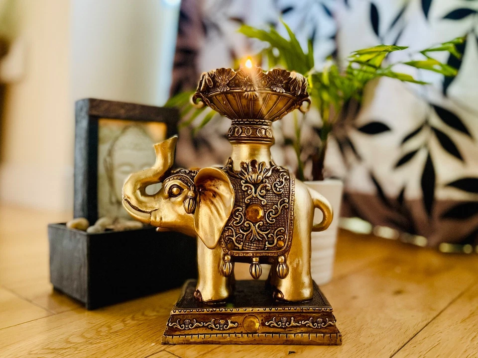 Indian Elephant Candle Holder, Beautiful Ornament Statue Resin Decor Gold - Image 1 of 4