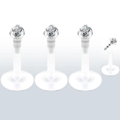 3 Pc 2mm CZ Prong Bioflex Barbell Push In Stud Lip Labret Monroe Piercing 16g - Image 1 of 2