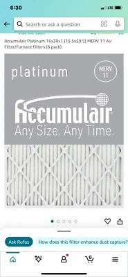 Filtro de aire/filtros de horno Accumulair Platinum 16x30x1 MERV 11 6 unidades Foto 1 de 2