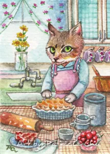 Impresión de tarjetas artísticas ACEO LE 2,5x3,5 ""It's Pie Time"" Fantasy Cat Art de Patricia - Imagen 1 de 1