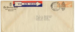 Minneapolis Minnesota 1936 The Sheridan Hotel 6ct globo alado con etiqueta de correo aéreo - Imagen 1 de 1