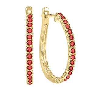 14k Yellow Gold Plated Silver 0.50ct Round Lab Created Red Ruby Hoop Earrings - Picture 1 of 5