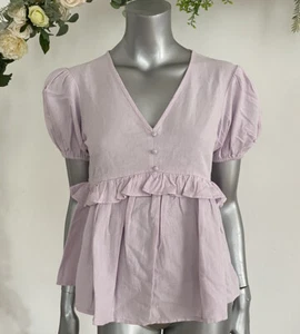 Boohoo Top Blouse Size 8 Cotton Peplum Lilac Button Detail Smock Top LS29 - Picture 1 of 6