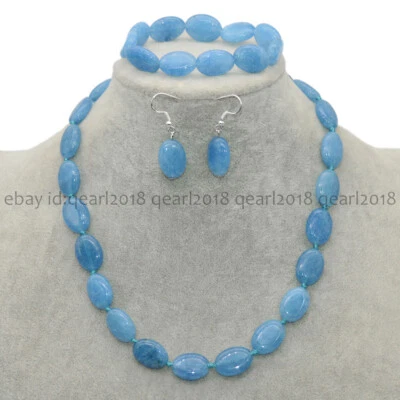 Conjunto de aretes collar cuentas gemas ovaladas aguamarina azul natural 13x18 mm Foto 1 de 4