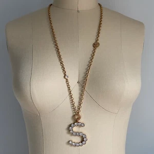 REBECCA Italy $245 Swarovski Crystal "S" Initial Necklace NWT Gold Long Chain - Picture 1 of 12
