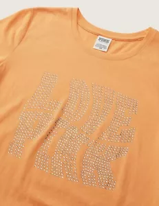 NEW Victoria's Secret Pink KNIT SHORT PERFECT T-SHIRT Tee Citrus Warped Logo M - Picture 1 of 5