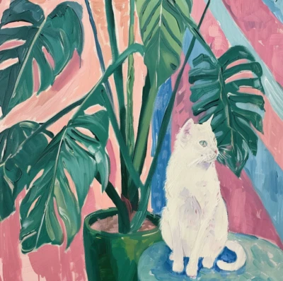 Tarjeta de felicitación blanco gato queso planta monstera rosa azul Foto 1 de 3