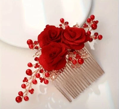 Hermoso juego de pinzas para el cabello con flores rojas redondas brillantes Foto 1 de 4