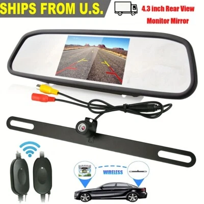 US License plate wireless 4.3" car rearview MIRROR monitor backup camera - Image 1 of 4