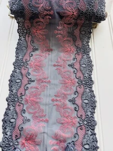 Stretch Grey & Pink Embroidery Double-edged Lace Trim for Sewing/Crafts/7" Wide - Picture 1 of 16