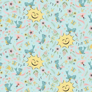 Finding Wonder Sunshine Blue Sun Birds Fabric Poppie Cotton by the Half Yard - Picture 1 of 5