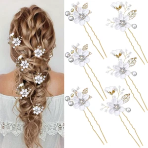 6x Flower Wedding Hair Pins Crystal Pearl Hair Clips Headpiece Hair Accessories - Picture 1 of 7