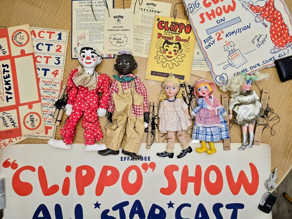 Винтажный набор кукол Clippo Clown & Lucifer 1930-е Effanbee с буклетами и бумагами новый из старых запасов - Изображение 1 из 4