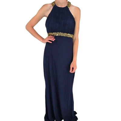 JS Boutique Womens Sz 10 Formal Maxi Length Dress Navy Blue Gold Beaded - Image 1 of 4