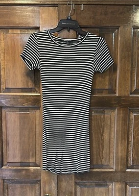 Brandy Melville Ribbed Knit Mini Shirt Dress Womens One Size Black White Striped - Image 1 of 4