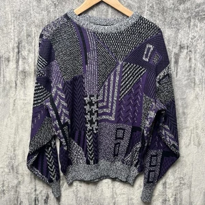 90s SPETTRO L CREW NECK KNIT SWEATER BOXY FIT COSBY GEOMETRIC Gray Purple - Picture 1 of 5