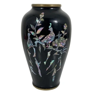 Japanische Perlmutt Vögel Bäume Intarsien Emaille Messing Vase Vintage - Bild 1 von 8