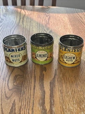 (3) 1944 PLANTERS 4 oz SALTED CASHEW, MIXED NUTS, ALMONDS VINTAGE TIN MR PEANUT - Image 1 of 4