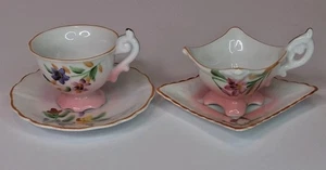 Vintage Japan 3"Miniature Cup And Saucers 2 sets, 4 pieces Gold Details floral - Picture 1 of 10