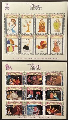 HOJAS DE ESTAMPILLAS DE ST VINCENT BELLA Y LA BESTIA DISNEY 9V MNH 1992 PELÍCULA ANIMADA Foto 1 de 3