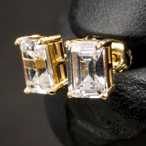 Emerald Cut 14k Gold Plated Square Stud Screw Back Earrings - Picture 1 of 4