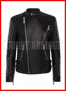Men's Punk Studded Jacket Silver Studded Moto Spiked Cowhide Men Leather Jacket - Picture 1 of 4
