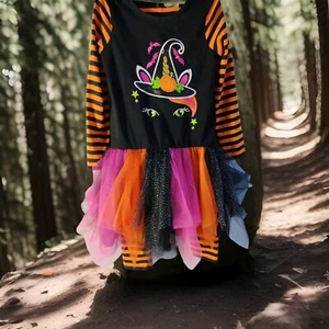 Girls Emily Rose Black Orange Halloween Black Cat Theme Outfit Tu Two Piece SZ 8 - Picture 1 of 9