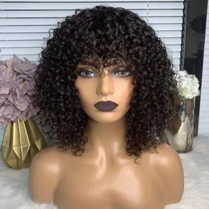 Women Black Kinky Curly Human Hair Wigs with Bangs None Lace Short Bob Curly Wig - Picture 1 of 8