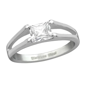 High Polish Surgical Steel Square Ring with Cubic Zirconia - Picture 1 of 4