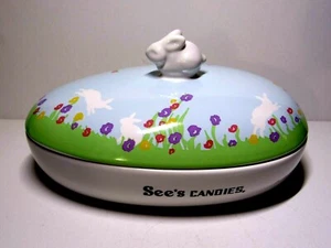 Sees Candies Easter Collectible Egg Shaped Floral Trinket Dish Lidded California - Picture 1 of 8