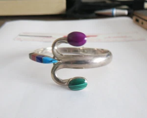 STERLING SILVER MULTI JADE STONES CUFF BRACELET, SIGNED MEXICO - Picture 1 of 7