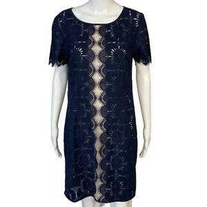 Trina Turk marineblau Blumen Spitze durchsichtig Kurzarm Etuikleid Karriere Cocktailkleid Gr. 8 - Bild 1 von 10