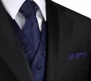 MEN'S NAVY PAISLEY TUXEDO VEST, TIE & HANKIE SET. Formal, Wedding, Prom, Cruise - Picture 1 of 5
