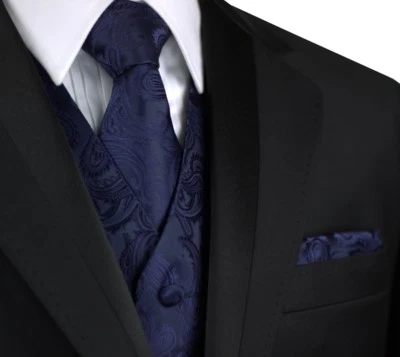 MEN'S NAVY PAISLEY TUXEDO VEST, TIE & HANKIE SET. Formal, Wedding, Prom, Cruise - Image 1 of 4