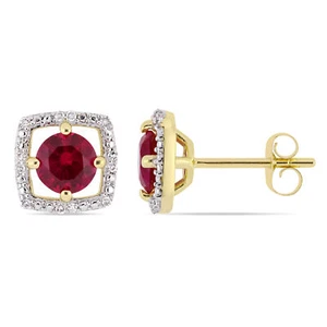 Amour 10k Yellow Gold Created Ruby and Diamond Accent Square Halo Stud Earrings - Picture 1 of 4