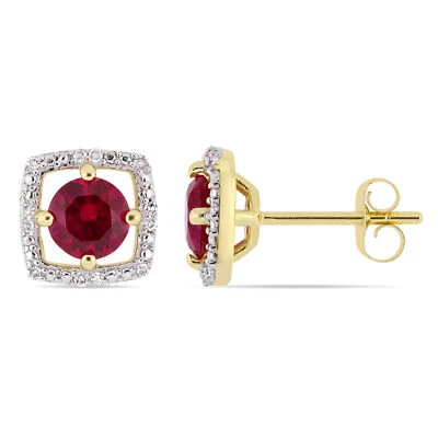 Amour 10k Yellow Gold Created Ruby and Diamond Accent Square Halo Stud Earrings - Image 1 of 4