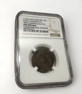 1578-1655 DOMINICAN REPUBLIC 2 MARAVEDIS WITH JAMAICAN KEY STAMP. VERY SCARCE - Picture 1 of 3