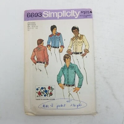 Vtg Simplicity Sewing Pattern 6693 Western Button Up Shirt Mens 42 44 Embroidery - Image 1 of 4