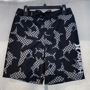 Hurley Boys Black Checkered Sharks Swim Board Shorts 6.5” Inseam Sz 10 - Picture 1 of 8