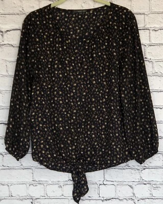 WEST KEI Women's Top Size Small Knot Detail Black/Brown Long Sleeve V-Neck EUC - Image 1 of 4