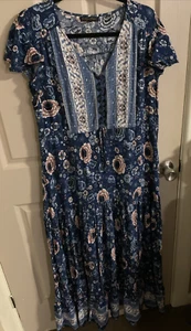 CAROLINE MORGAN BLUE FLORAL VISCOSE SHORT SLEEVE VNECK MAXI DRESS SIZE 16 - Picture 1 of 23