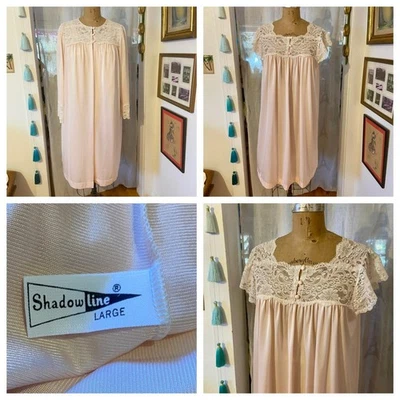 SHADOWLINE Pink Nylon Silky Extravagant Lace Short Nightgown Robe Set USA L EUC - Image 1 of 4