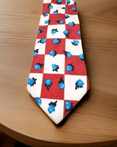 Vtg. Boss Hugo Boss Red & White Check Blue Flowers 100% Silk Tie Made In Italy - Picture 1 of 8