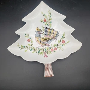 VTG Italian Christmas Tree Shaped Serving Dish Hand Painted Bird Motif - Picture 1 of 4