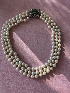 auth vintage genuine  cultured 3 strand pearl necklace sterling clasp 1940's  - Picture 1 of 8