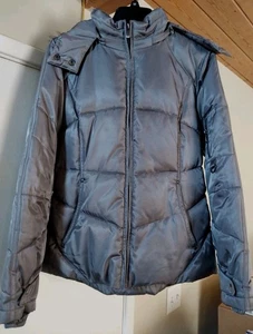 Jacket Coat Puffer St Johns Bay Zipper Detachable Hood Pewter Women's Medium USA - Picture 1 of 9
