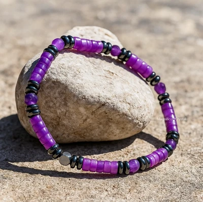 紫水晶赤铁矿手链天然水晶弹力男士珠宝精神平衡 — 第 1/4 张图片