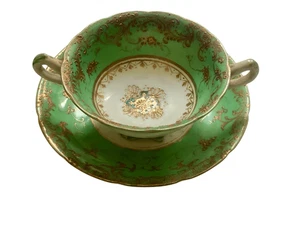 Antique 2 Piece Set Floral  DOUBLE HANDLE CREAM SOUP BOWL & UNDERPLATE - Picture 1 of 5